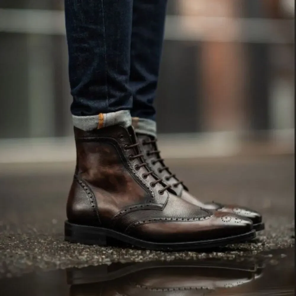 MEN'S Brown Leather Lace Up Wingtip Brogues Ankle Boot Dress Shoes - SIZE 10.5